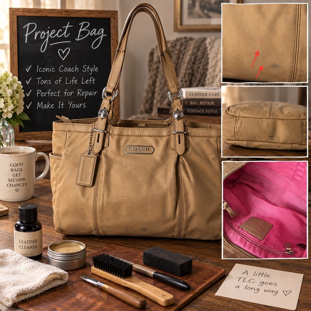 Coach Gallery Tote Bag *Project DIY Bag Tan Leather F16565 Pink Lining *Flaw